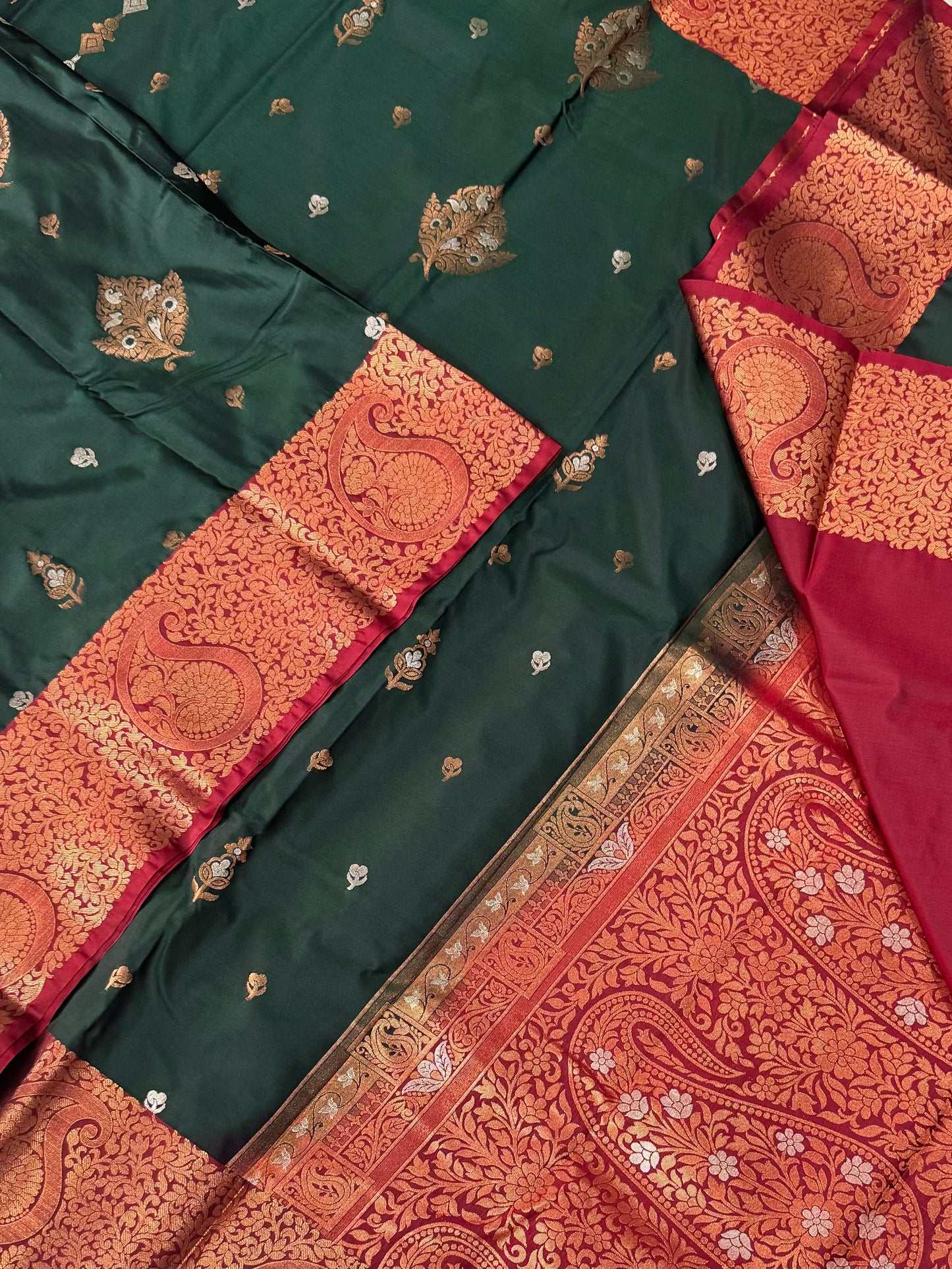 Vegan Silk Sarees Online | bottle green X red