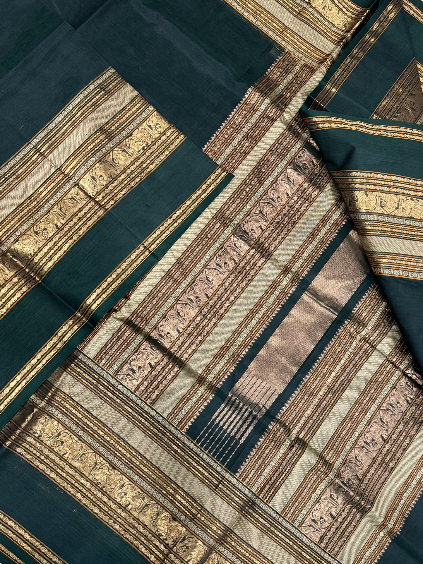 Kanchi Silk Cotton Sarees | rich pallu X mayil border | bottle green