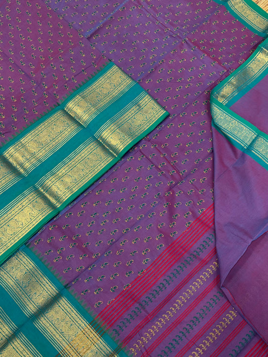 Kanchi soft cotton | block print x Zari woven border | violet X blue