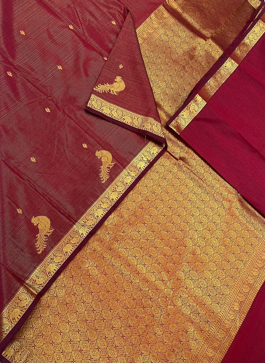 Semi Silk soft Cotton Sarees | vairaoosi X parrot x tiny zari border | marron X gold | NKV11