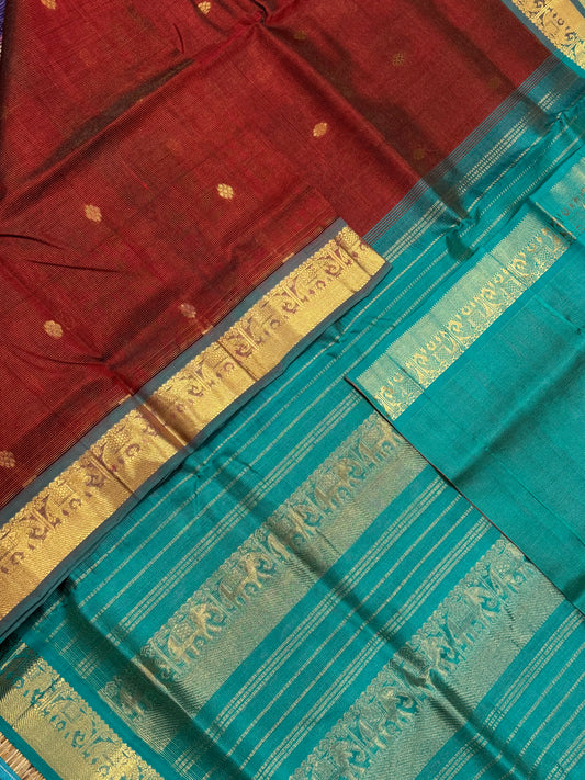 Korvai Kanchi Silk Cotton Sarees | brown x teal | VAIRAOOSI X Zari border | NKV31