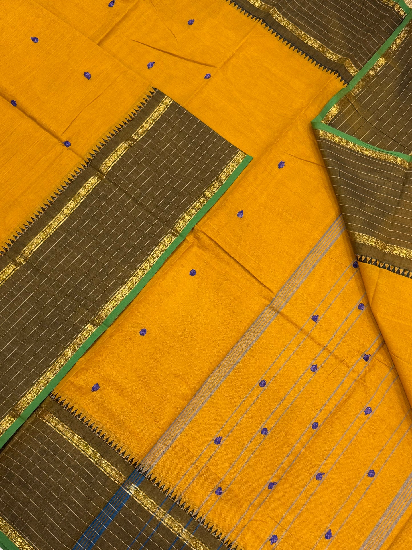 Kanchi soft cotton | Manjal X earth green X  kattam border