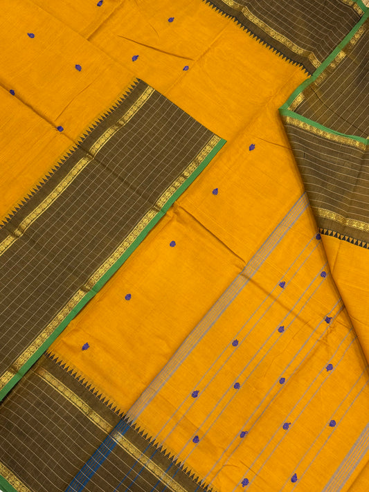 Kanchi soft cotton | Manjal X earth green X  kattam border