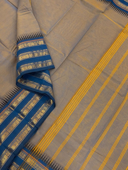 Kanchi soft cotton | TwoTone grey x blue |  zari triple border
