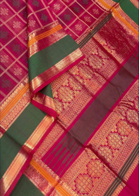 Pure Handloom Kanchi rich Cotton Saree | kolam 1000 butta | pink x green