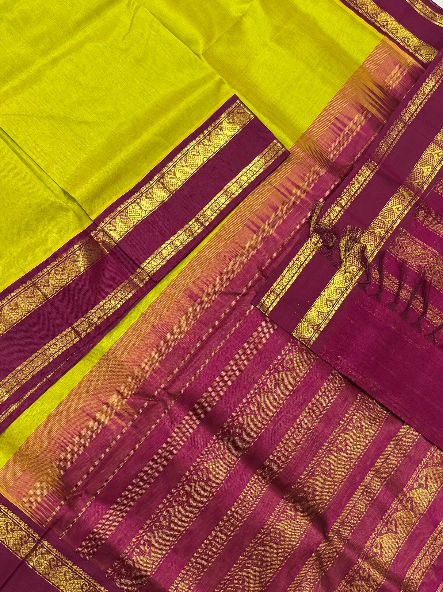 Kanchi Silk Cotton Sarees | classic| leaf green X aaraku X rettaipet Zari border