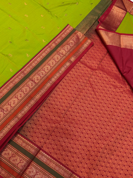 Vegan Silk Sarees Online | tiny motif X korvai rich border | parrot green X red X orange