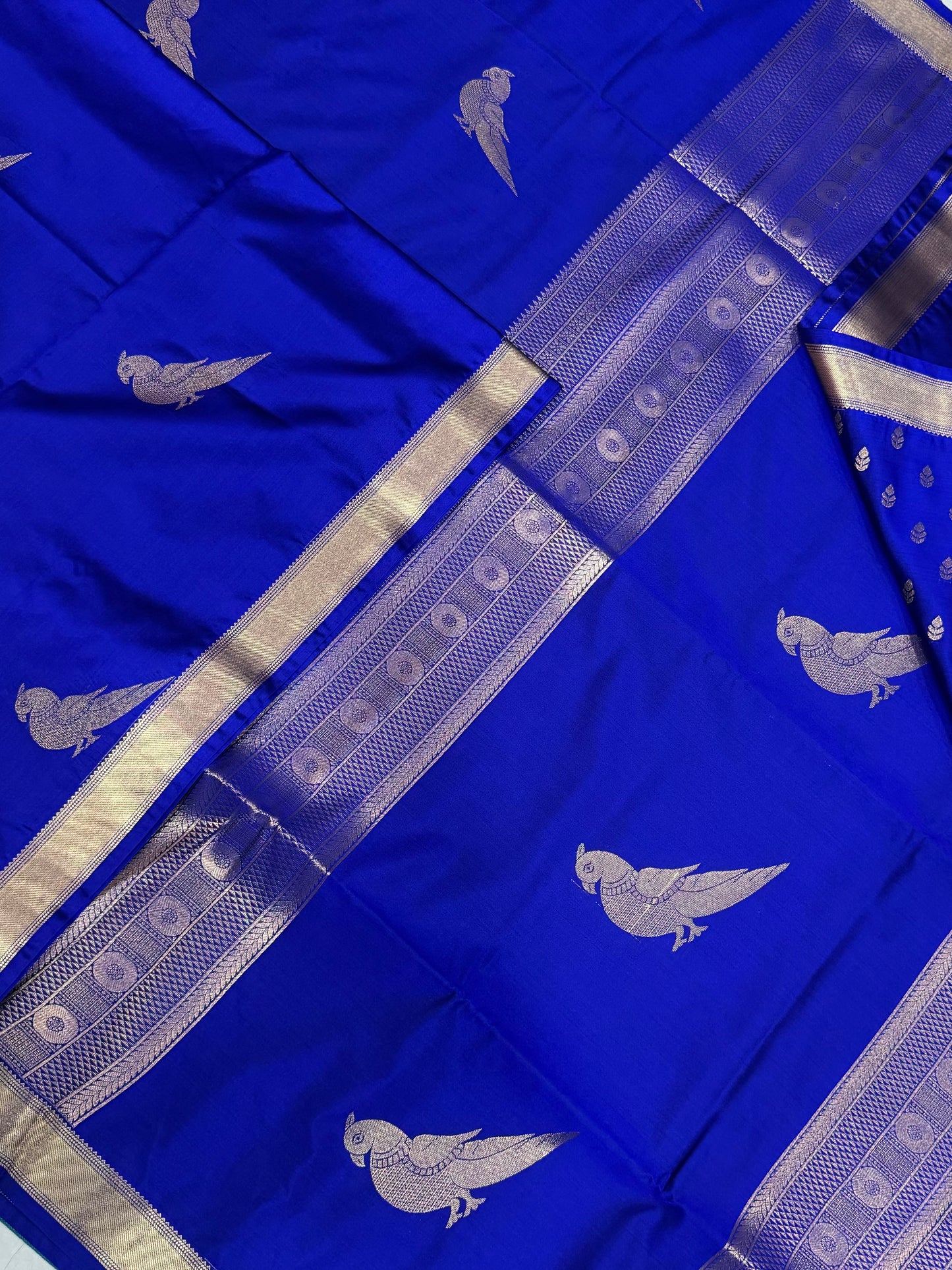 Vegan Silk Sarees Online | royal blue X gold | killi motif