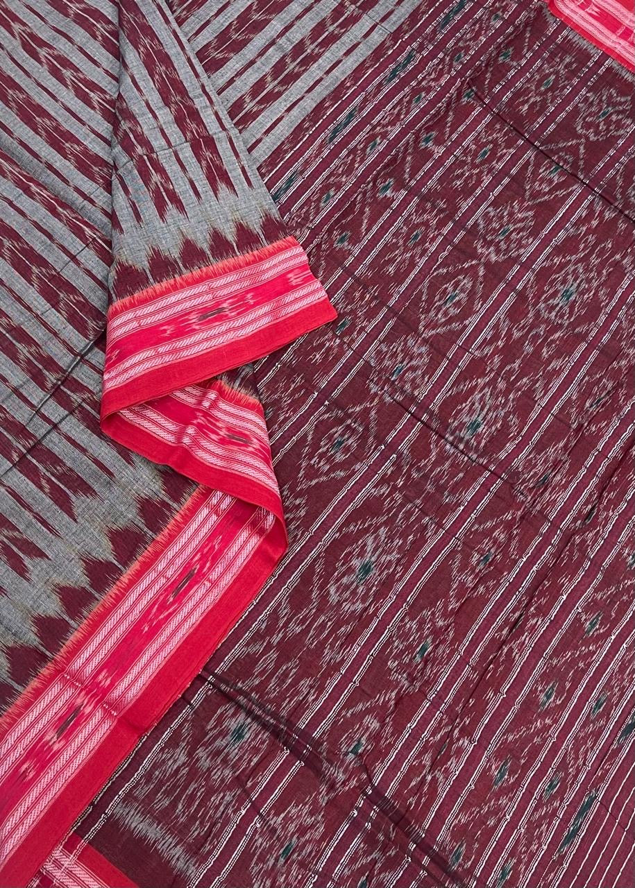 IKKAT soft cotton |thread border X ikkat |grey X cherry red