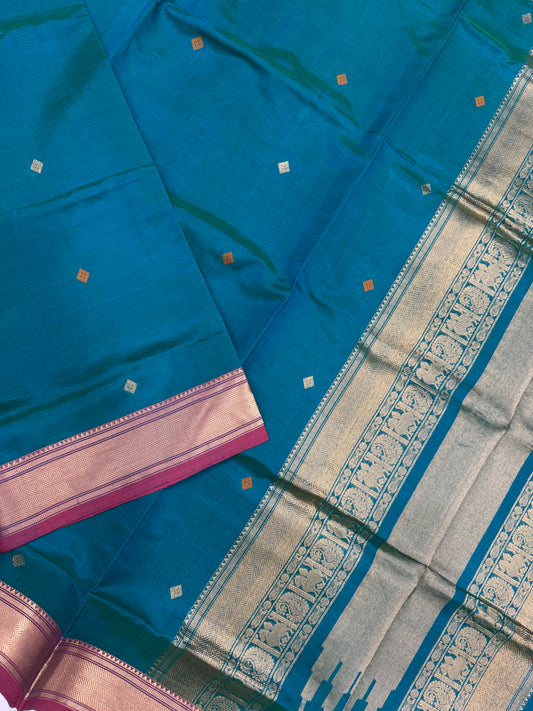 Kanchi Silk Cotton Sarees | rich zari border X tiny motif| teal X pink