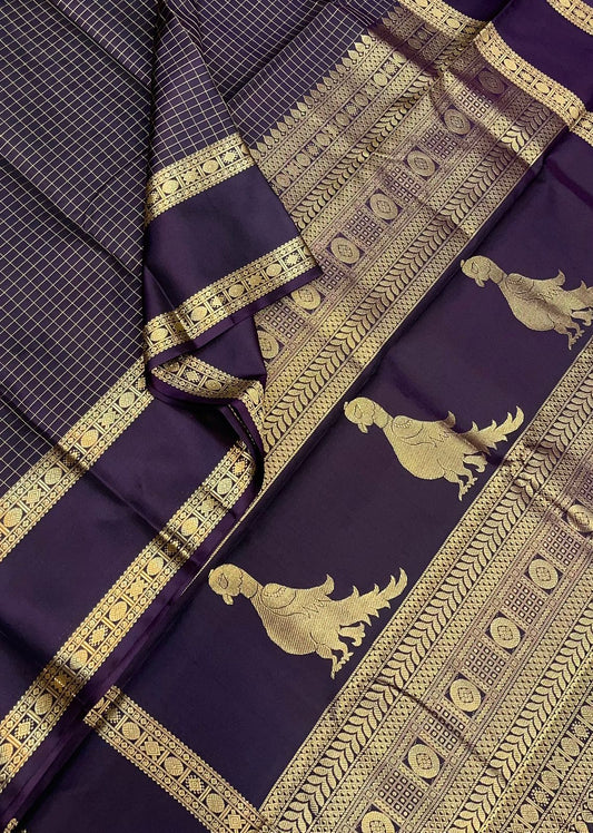Pure Kanjivarams | Brownish jamun X Kalakshetra killi| Handwoven luxury x 4 ply