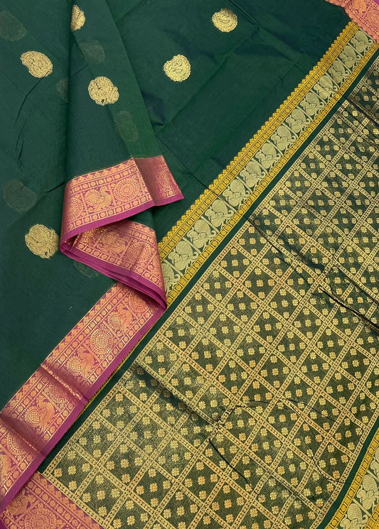 Kanchi mercerised soft cotton |rich zari border x mayil butta| green x pink| MC10