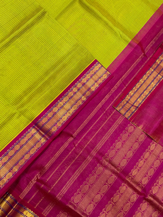 Korvai Kanchi Silk Cotton Sarees | parrot green x pink | kattam X Zari border | NKV31