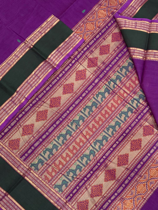 Pure Handloom Kanchi rich Cotton Saree | violet X green  | intericate thread weave x rettaipet border