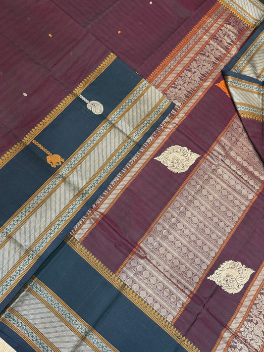 Pure Handloom Kanchi rich Cotton Saree | bindi motif  X thread woven pallu | aaraku X dark green