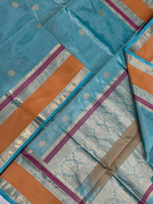 Kanchi Silk Cotton Sarees | kolam motifs | pastel blue X mustard