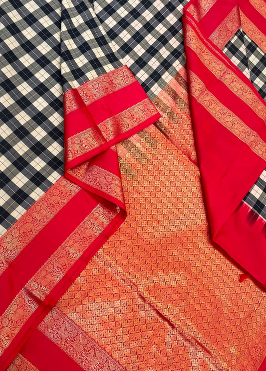 Vegan Silk Sarees Online | kattam X rettaipet border| red X white X black