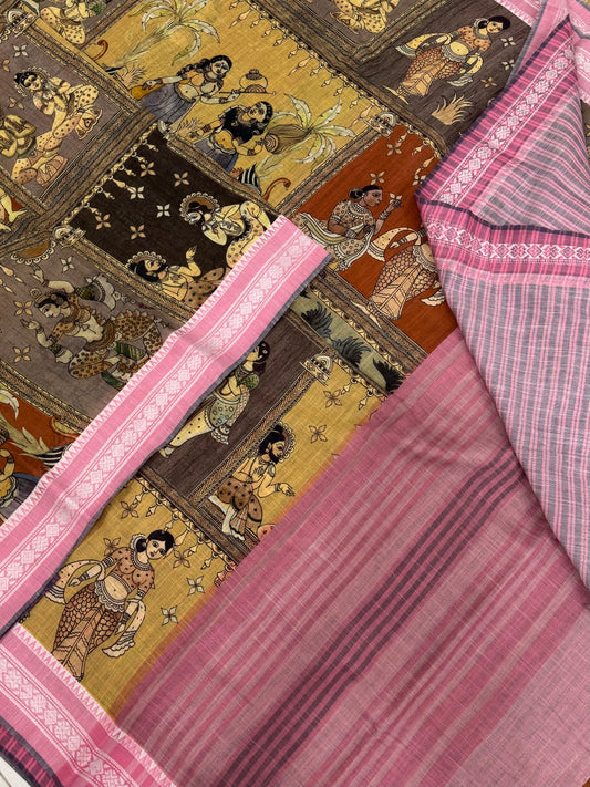 Ponduru feather soft cotton | story telling saree | brown x pink