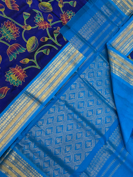 Kanchi korvai Silk Cotton Sarees | Kalamkari block print X blue |korvai Zari border