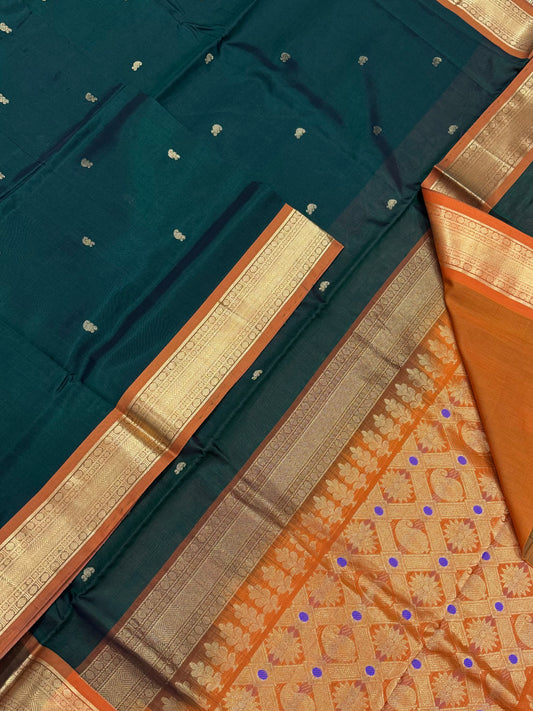 Kanchi Silk Cotton Sarees | rich zari border X tiny motif| green X orange