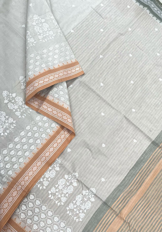 Kadhi soft Cotton | cream x orange | floral embroidery thread border