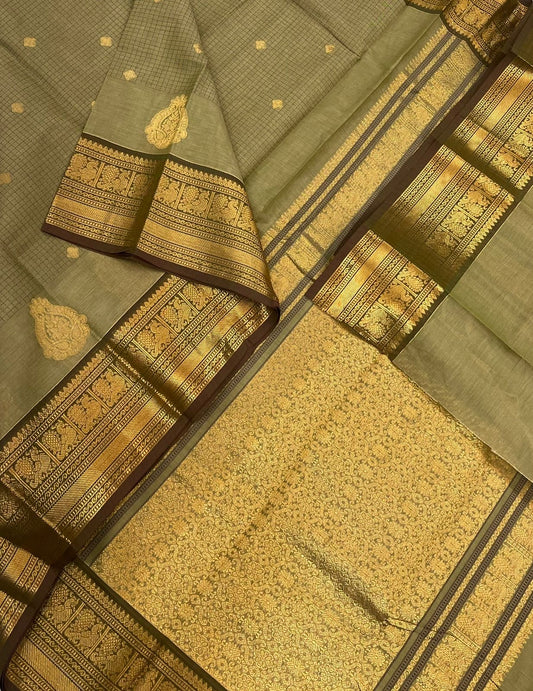 Kanchi soft cotton | pastel green x brown | muthukattam X Zari border