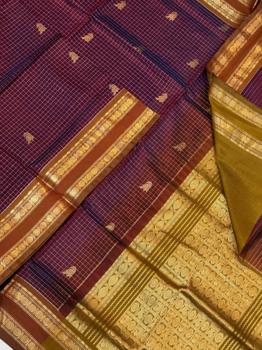 Kanchi Silk Cotton Sarees | luxury silk cotton | kattam X mayil X rettaipet | twotone marron x earth green NKV37