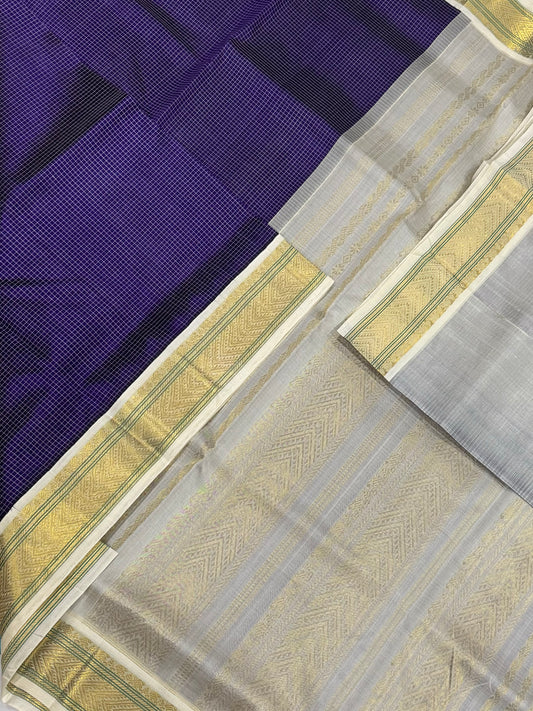 Korvai Kanchi Silk Cotton Sarees | blue x cream | kattam X Zari border | NKV31