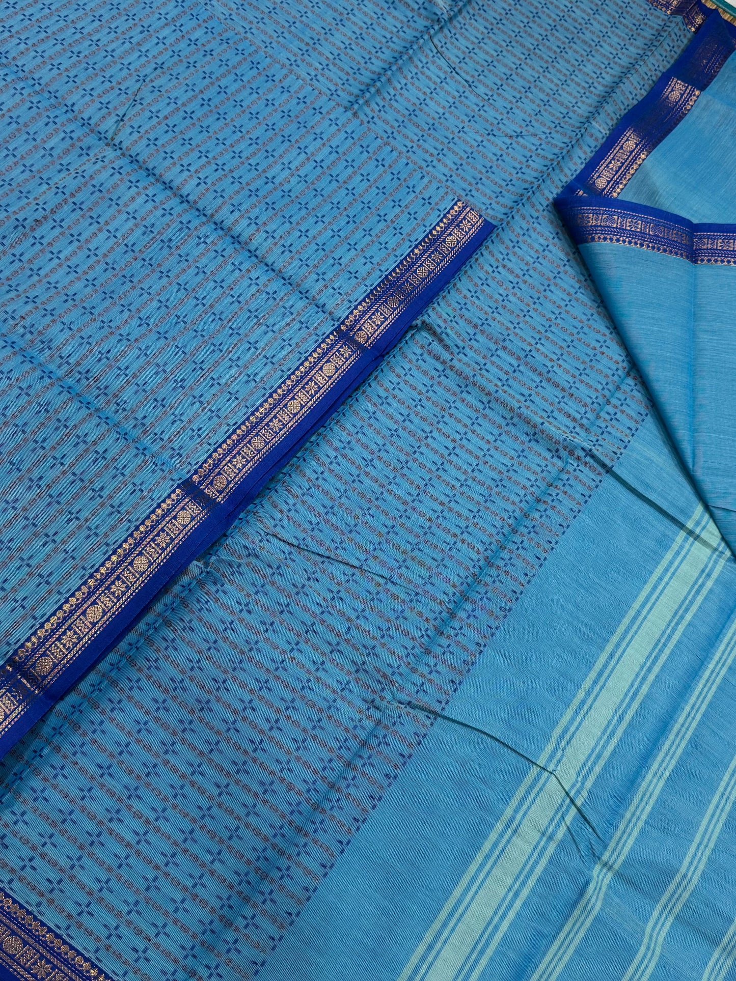 Kanchi soft cotton | Zari tiny border X plus BUTTA |  blue x dark blue