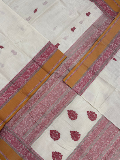 Pure Handloom Kanchi rich Cotton Saree | thread border X  eruthalapakshi butta| half white X red X mustard | intricate thread woven Pallu