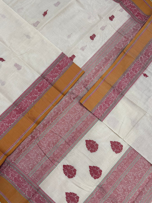 Pure Handloom Kanchi rich Cotton Saree | thread border X  eruthalapakshi butta| half white X red X mustard | intricate thread woven Pallu