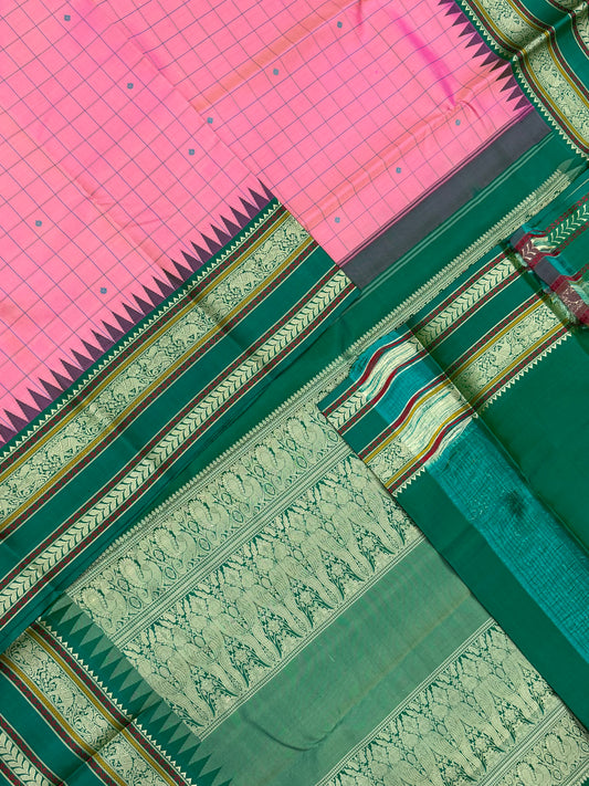 Pure Kanjivarams | korvai zero zari | kattam X tiny killi pallu |pastel pink x dark green | Handwoven luxury x 4 ply master weave | NKV35