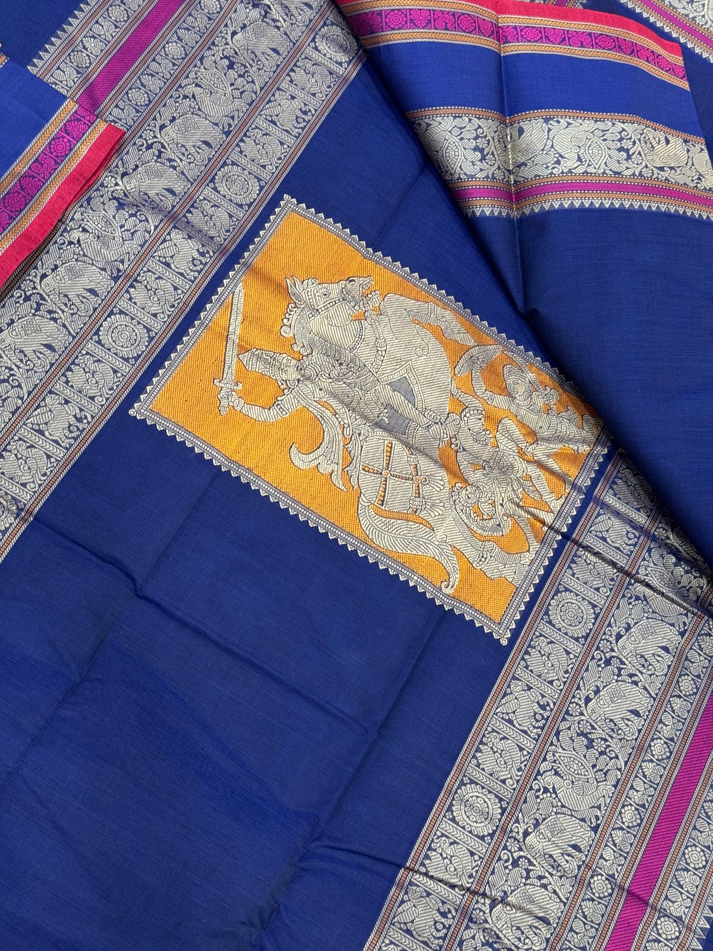 Pure Handloom Kanchi rich Cotton Saree | blue X red | thread border X Veera Shivaji