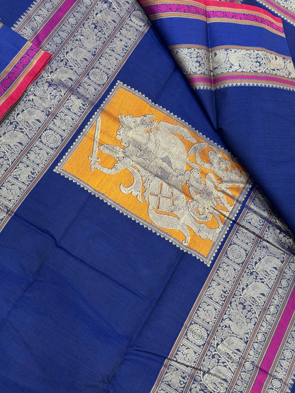 Pure Handloom Kanchi rich Cotton Saree | blue X red | thread border X Veera Shivaji