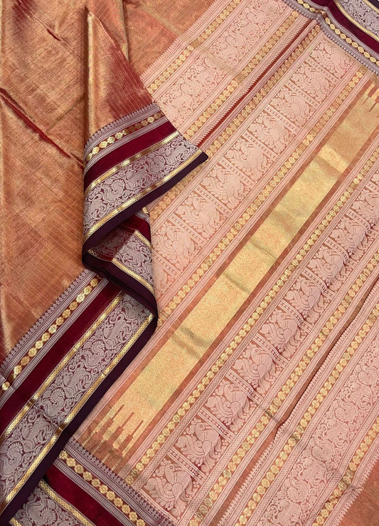 Kanchi Tissue Silk Cotton Sarees | Vairaoosi X Pastel peachy orange