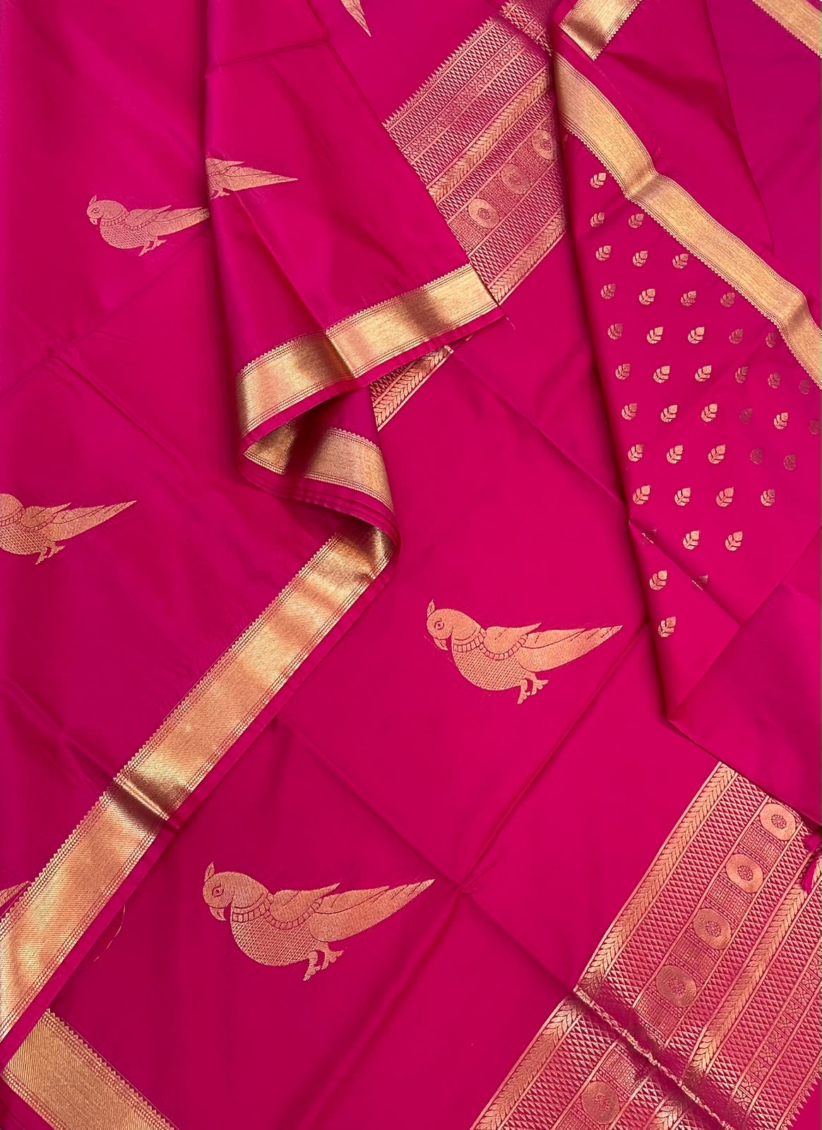 Vegan Silk Sarees Online | Rani pink X gold | killi motif