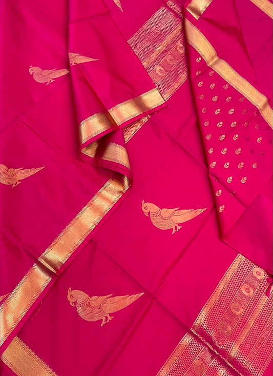 Vegan Silk Sarees Online | Rani pink X gold | killi motif