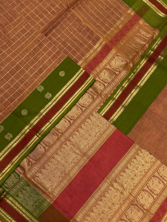 Kanchi Silk Cotton Sarees | kattam X mayil chakram Zari border | peach x green zari border | NKV20