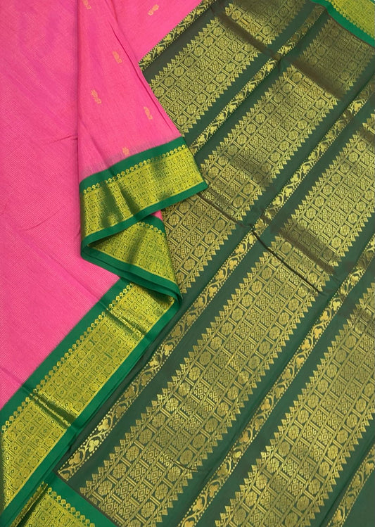 Semi Silk soft Cotton Sarees | VAIRAOOSI x butta | lotus pink X green | zari border | NKV11