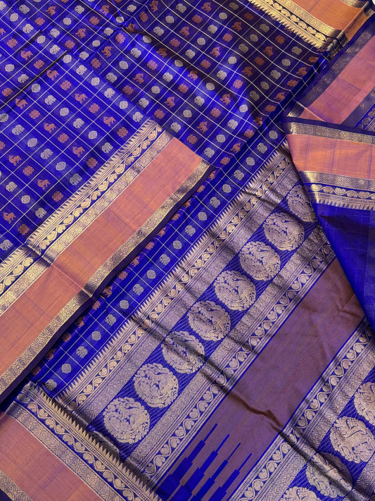 Kanchi Silk Cotton Sarees | 1000 butta  X rich zari pallu X zari border | royal blue X orange