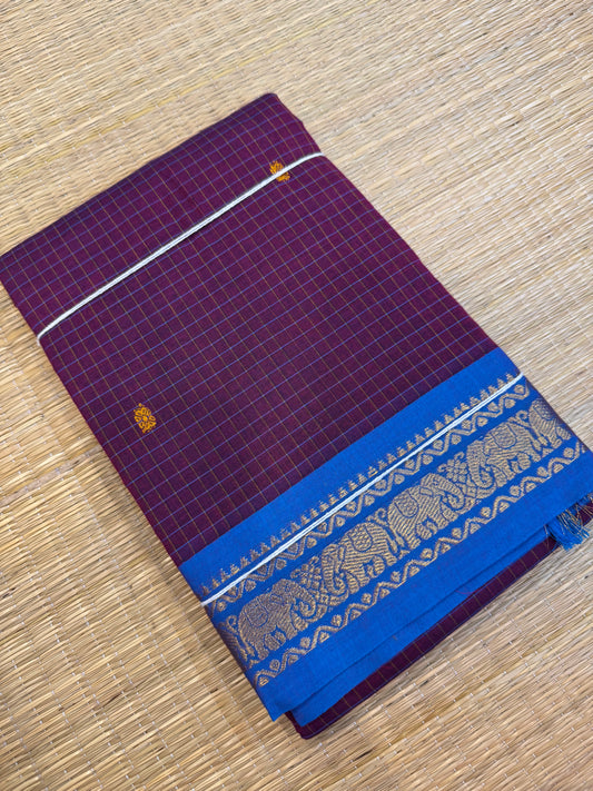 Kanchi soft cotton | violet x blue | kattam x tiny Zari border