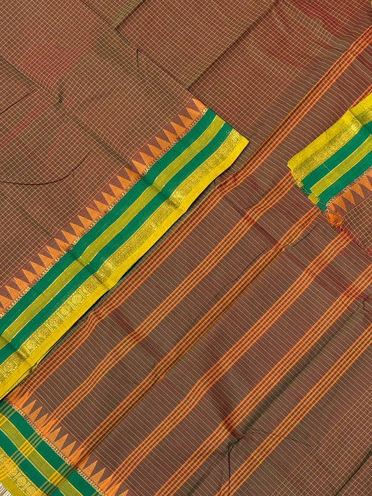 Kanchi soft cotton |zari border| kattam xtwotone brown X green
