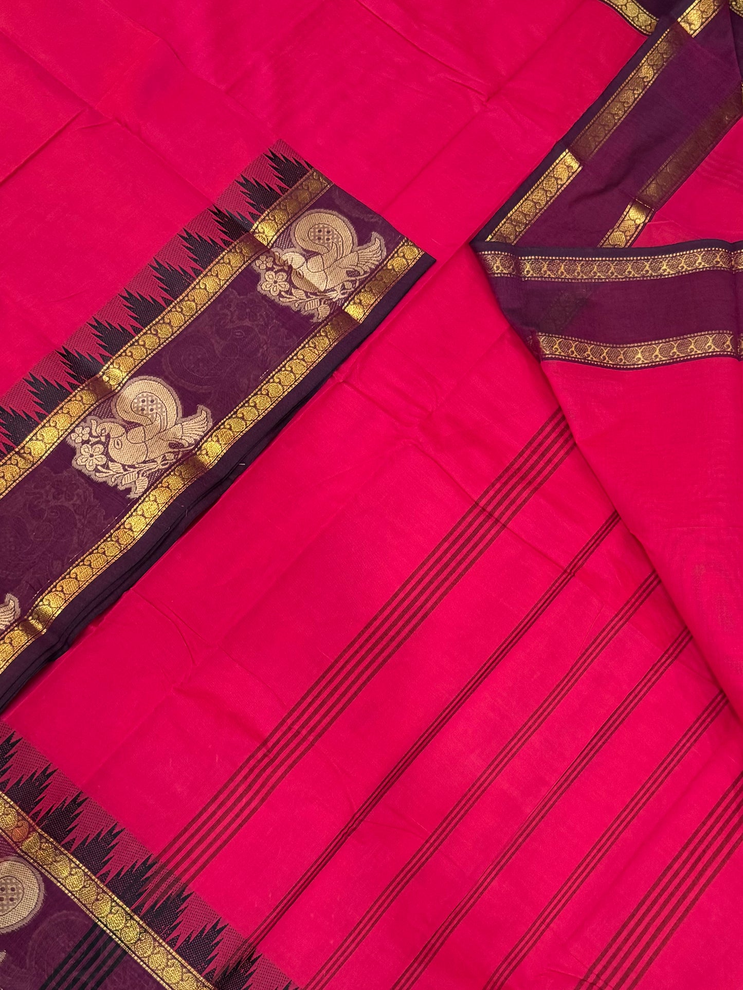 Kanchi soft cotton | red x burgundy |  rettaipet mayil border