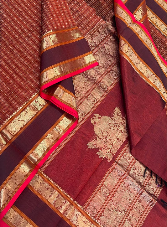 Kanchi Silk Cotton Sarees | 1000 butta  X rich zari eruthalapakshi pallu X zari rettaipet border | aaraku(marron)  X red