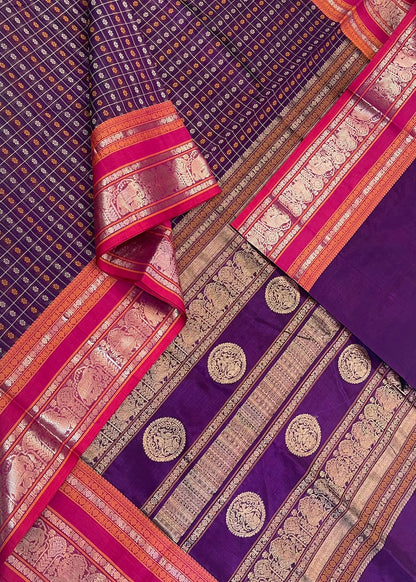 Kanchi Silk Cotton Sarees | 1000 butta  X rich zari pallu X zari border | dark violet X pink