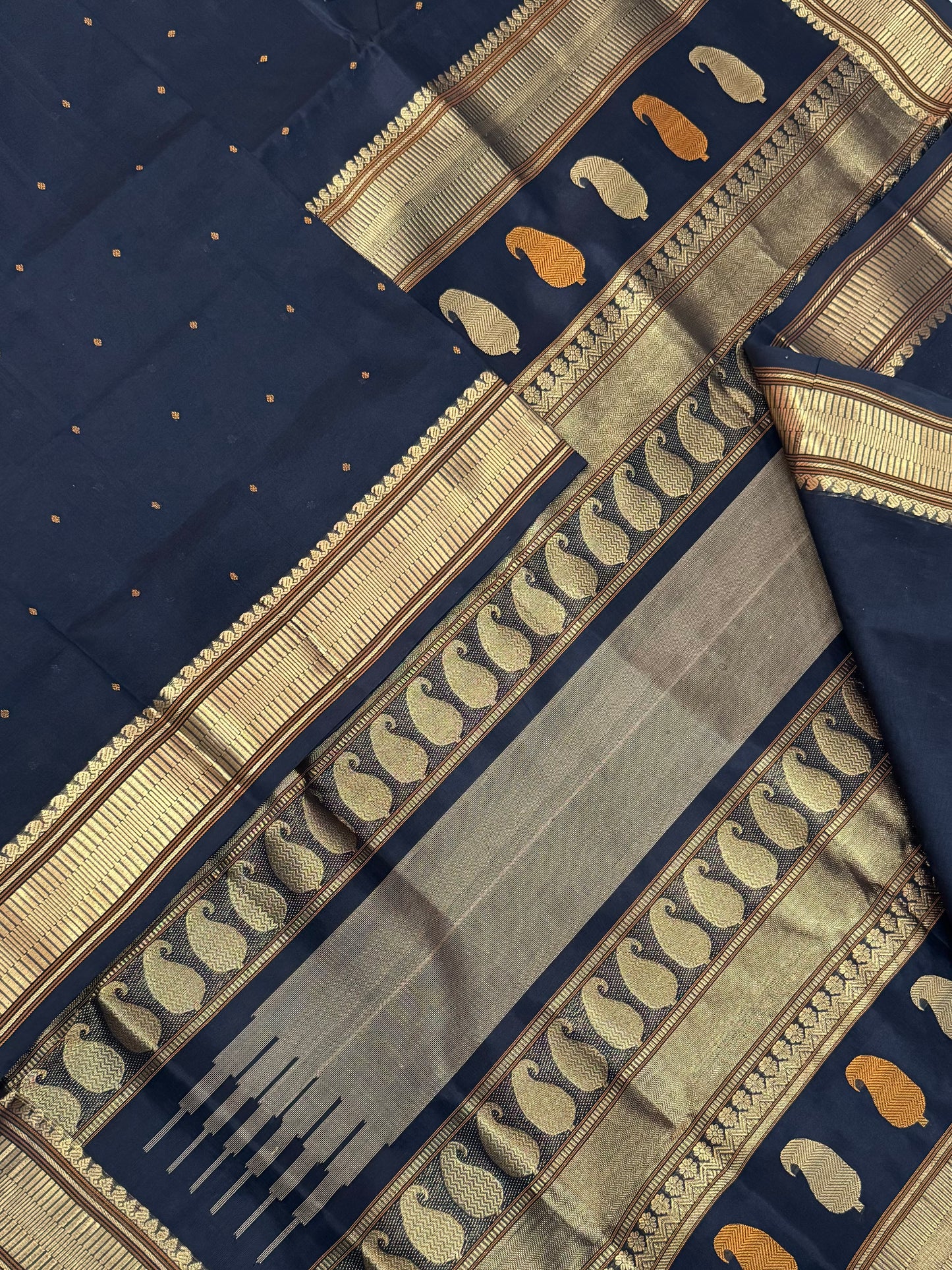 Kanchi Silk Cotton Sarees |black x gold | tiny bindhu motif X thick Zari border
