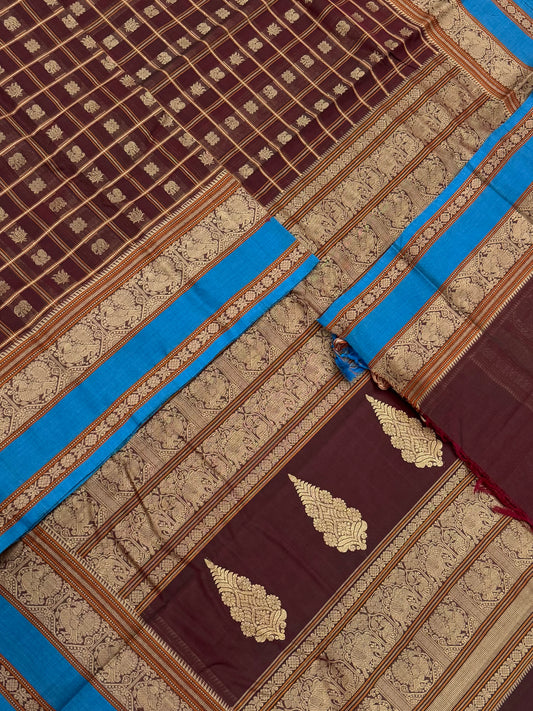 Pure Handloom Kanchi rich Cotton Saree | thread border X 1000 BUTTA | aaraku X blue | intricate thread woven Pallu