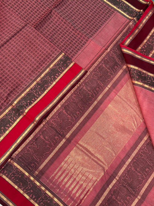 Pure Handloom Kanchi mercerised rich Cotton Saree | 20000 BUTTA X Ganga Jamuna | rose milk pink X red X aaraku