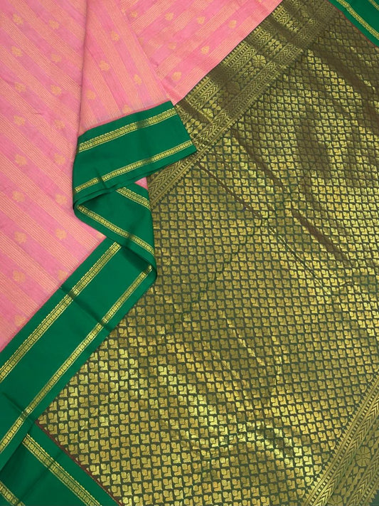 Semi Silk soft Cotton Sarees | korvai border | pastel pink x green | rettaipet zari border