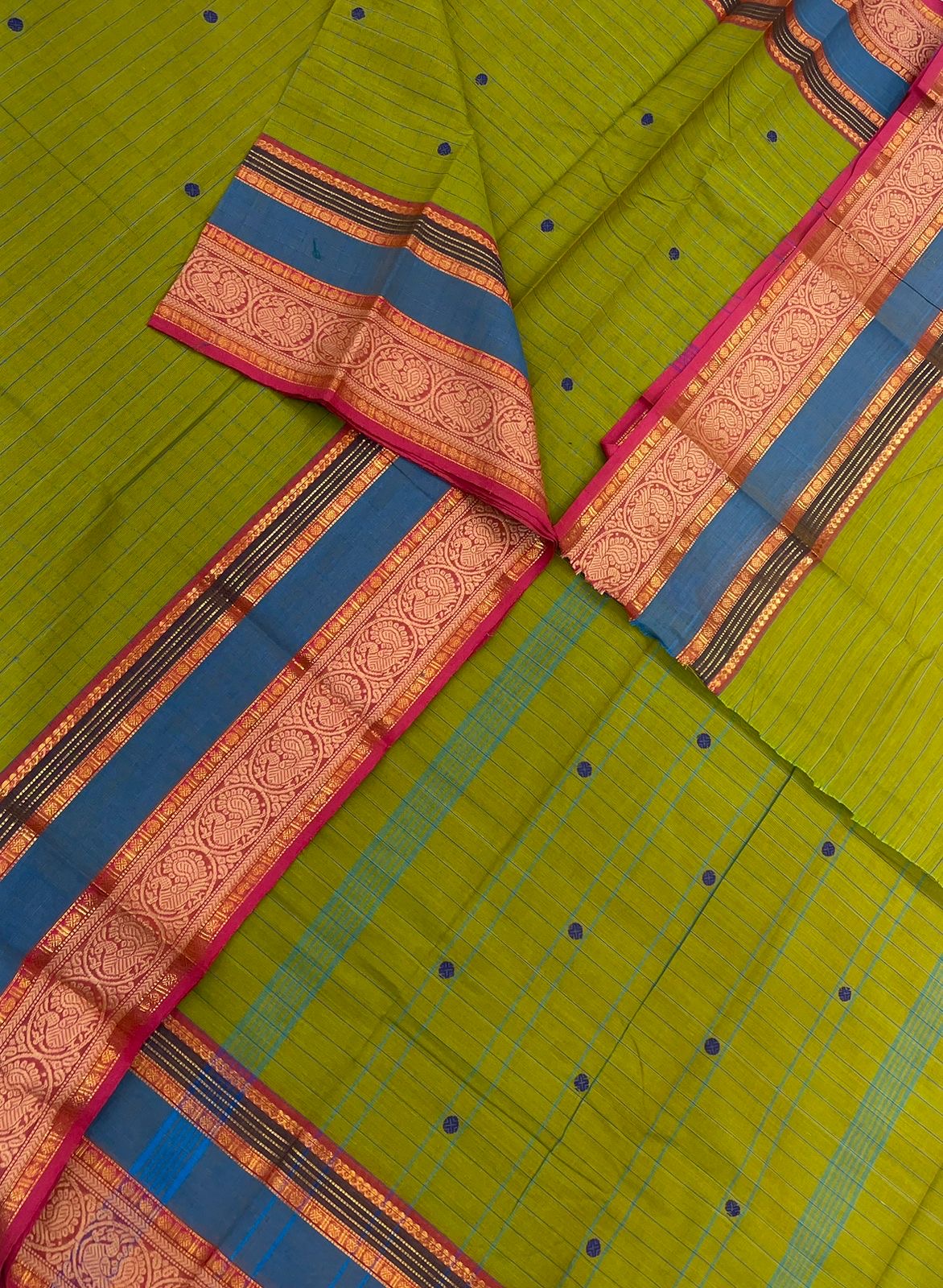Kanchi soft cotton | light green X blue | kattam X Zari border